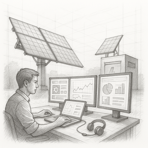 Illustration of a technician monitoring solar power systems from a laptop and multiple dashboard screens