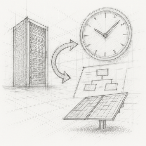 Illustration of a server rack, solar panel, workflow chart, and clock representing scheduled energy management